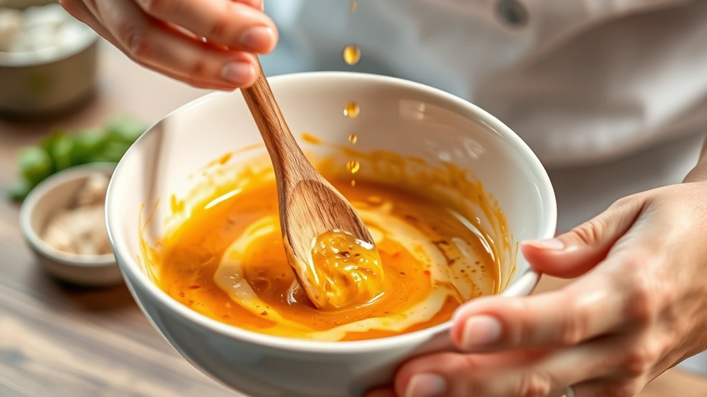 process: hands mixing spicy mayo dressing in a white bowl with a wooden spoon, sesame oil drizzling in, photorealistic, bright natural kitchen light, no text, close angle showing dressing texture