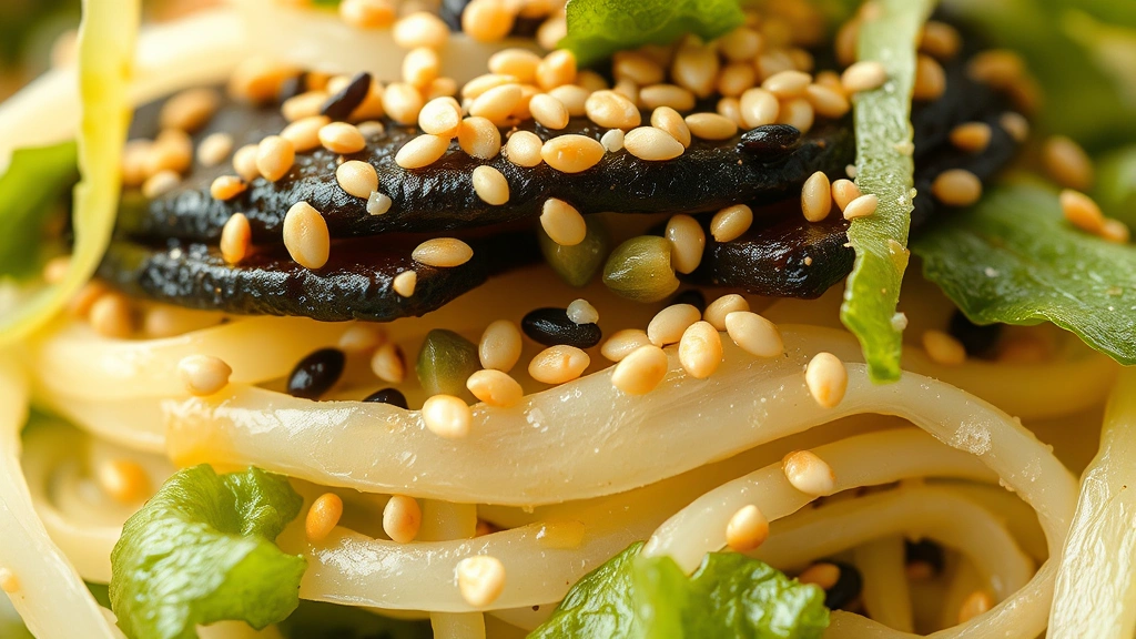 detail: close-up macro shot of kani salad showing layers of ingredients, sesame seeds in focus, droplets of dressing visible, nori strip detail, photorealistic, natural light, shallow depth of field, no text