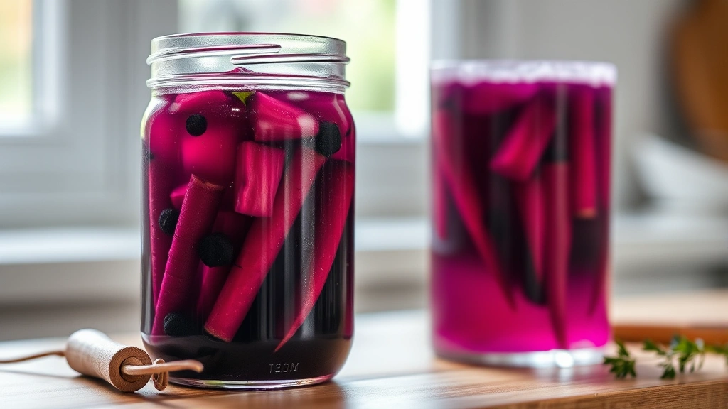 hero: Glass jar filled with deep purple kanji liquid, black carrots submerged, vibrant purple fermented beverage, professional food photography, natural window light, clean kitchen background, no text or labels