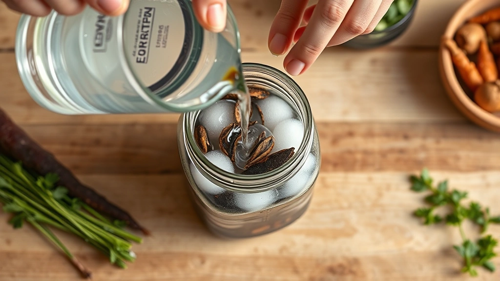 process: Hands pouring filtered water into glass jar with black carrots and spices, fermentation setup, natural kitchen lighting, overhead shot, fresh ingredients visible, no text