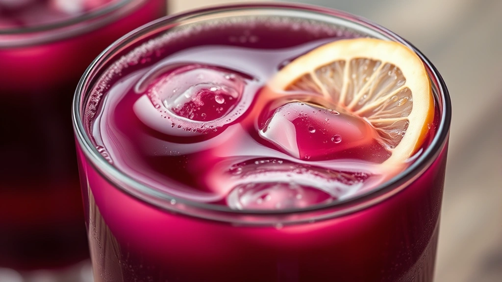 detail: Close-up of chilled kanji in drinking glass with condensation, deep purple color, garnished with fresh ginger slice, shallow depth of field, professional food styling, natural light, no text