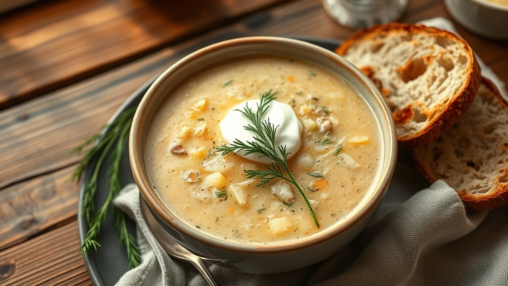 hero: steaming bowl of kapusta with sour cream dollop, fresh dill garnish, crusty bread on side, warm golden lighting, rustic wooden table, no text