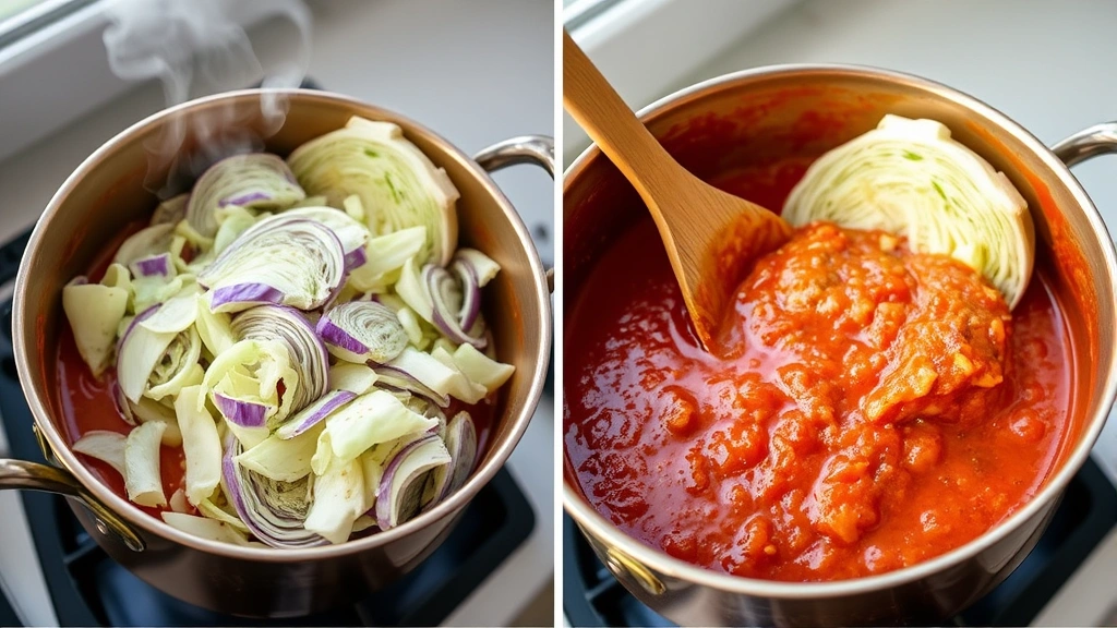 process: sliced cabbage being stirred into pot with tomato sauce, copper pot, wooden spoon, steam rising, natural daylight from window, no text