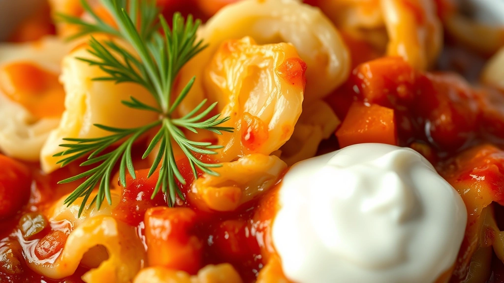 detail: close-up of tender cabbage pieces with tomato sauce coating, fresh dill sprig, sour cream swirl, shallow depth of field, warm lighting, no text
