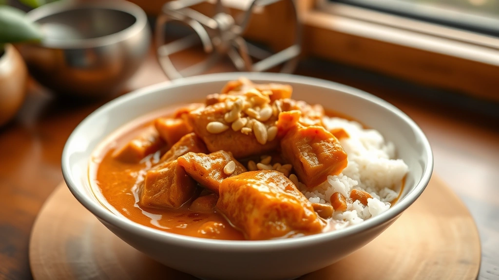 hero: golden-red creamy kare-kare stew in white bowl with rice, crushed peanuts garnish, steaming hot, traditional Filipino dish, professional food photography, warm natural window lighting, shallow depth of field, no text or watermarks