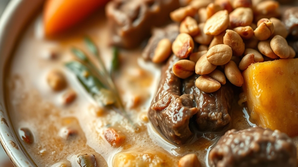 detail: close-up macro shot of kare-kare with tender beef, potatoes, carrots and long beans in creamy peanut sauce, crushed roasted peanuts on top, shallow focus on texture, warm ambient lighting, no text or watermarks