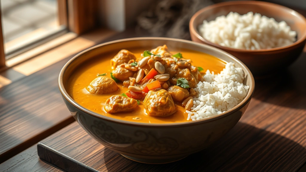 hero: steaming bowl of golden Kari Kare with chunks of chicken and vegetables in rich peanut sauce, garnished with crushed peanuts, served alongside jasmine rice, warm natural window light, styled on rustic wooden table, no text