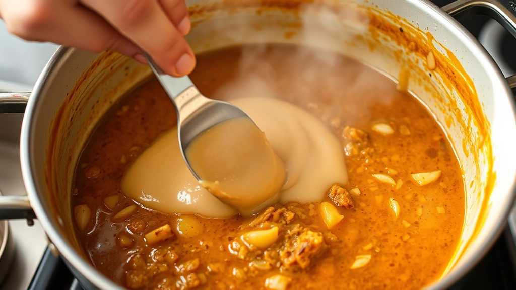 process: chef's hands stirring peanut butter into spiced curry base in large pot, creating silky sauce, steam rising, golden-brown onions and garlic visible, natural kitchen lighting, no text