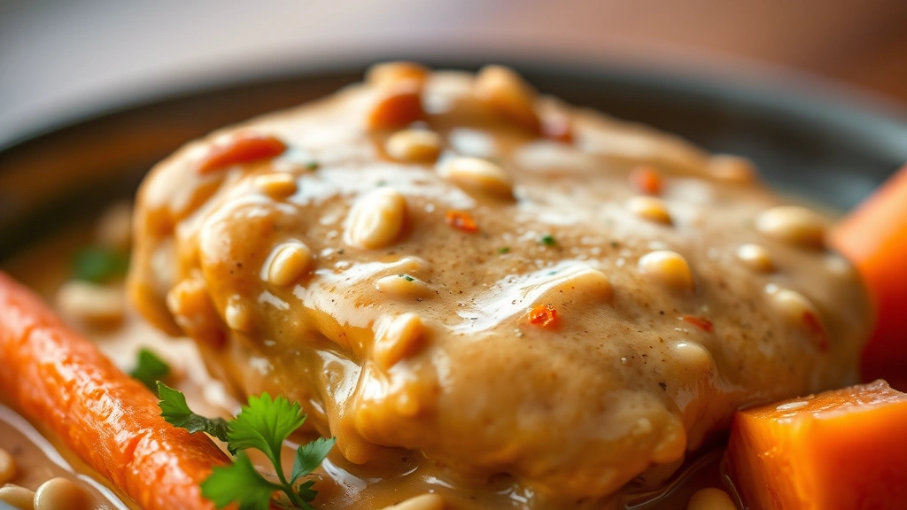 detail: close-up of creamy peanut sauce coating tender chicken piece and carrot, crushed peanuts visible, sauce glistening, shallow depth of field, warm professional lighting, no text