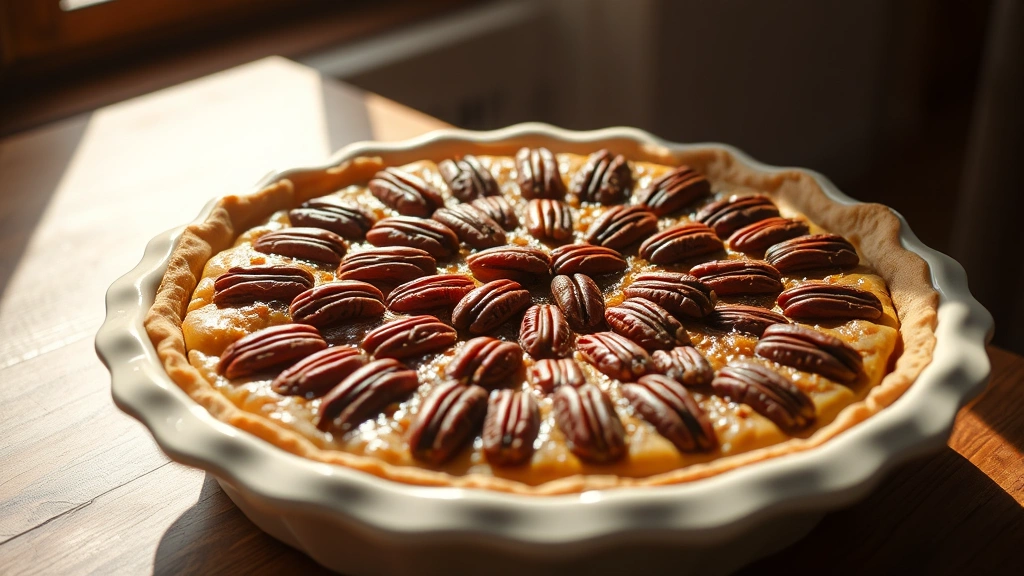 hero: golden baked pecan pie with caramelized pecans on top, whole pie in ceramic dish, natural afternoon window light, wooden table surface, warm inviting tones