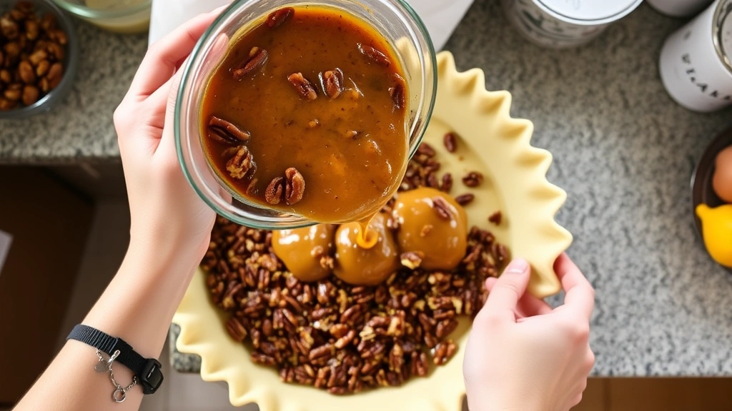 process: hands pouring pecan mixture into pie crust, amber-colored filling being distributed, kitchen counter with ingredients visible, natural light from above, baker's perspective