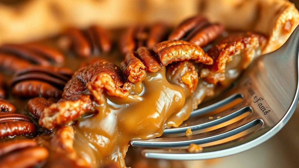 detail: close-up cross-section of baked pecan pie showing gooey caramel filling and pecans, fork or knife edge visible, shallow depth of field, warm golden lighting