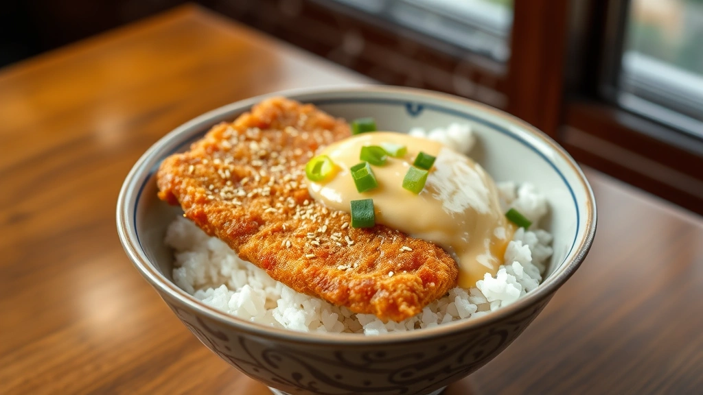 hero: beautiful katsudon bowl with golden crispy pork cutlet, creamy egg sauce, fresh green onions, sesame seeds, fluffy white rice, Japanese wooden table, natural window light, steaming hot, appetizing, restaurant quality, no text