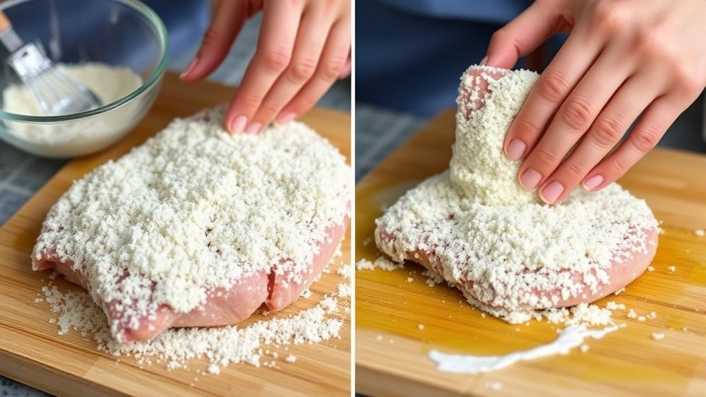 process: breading pork cutlet with panko breadcrumbs, hands in action, close-up of coating technique, wooden cutting board, flour and egg mixture visible, natural kitchen light, instructional, no text