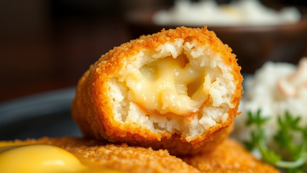 detail: close-up of perfectly cooked golden katsu cutlet showing crispy panko crust and juicy interior, soft-focus egg sauce and rice in background, macro photography, natural light, food styling, no text