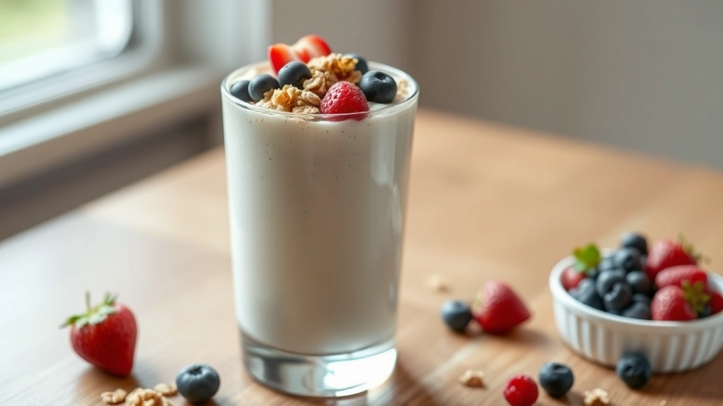hero: creamy kefir smoothie in a tall glass topped with granola and fresh berries, photorealistic, natural window light, no text, wooden surface background