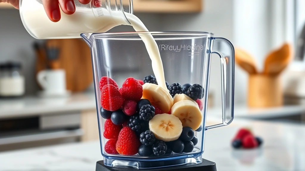 process: pouring chilled kefir into blender with frozen banana and mixed berries, photorealistic, natural light, no text, clean kitchen counter