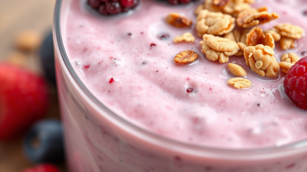 detail: close-up of thick creamy kefir smoothie texture with visible berries and granola topping, photorealistic, natural light, no text
