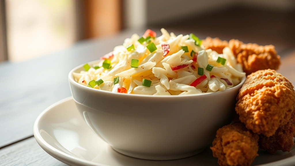 hero: creamy coleslaw in white bowl with fried chicken pieces beside it, photorealistic, natural sunlight from left, no text, shallow depth of field
