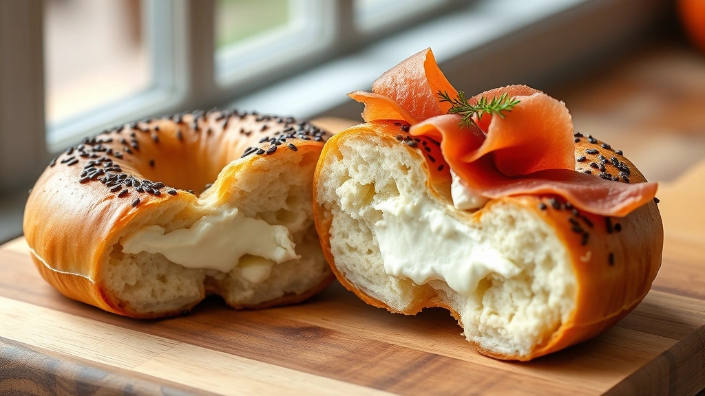 hero: golden brown keto bagels fresh from the oven, sliced in half showing fluffy interior, topped with cream cheese and lox, photorealistic, natural window light, wooden cutting board background, no text