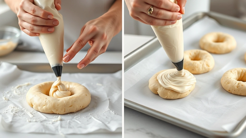 process: hands piping bagel dough mixture onto parchment lined baking sheet, cream colored batter in piping bag, photorealistic, natural kitchen light, no text