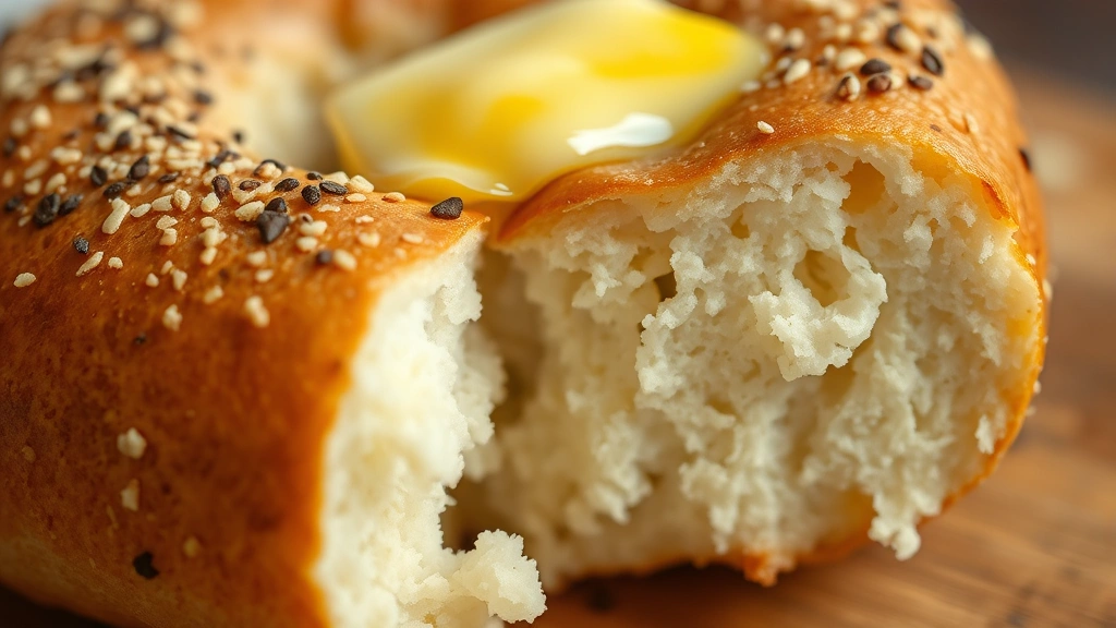 detail: close-up cross-section of sliced keto bagel showing tender crumb structure and fluffy interior, topped with melting butter, photorealistic, warm natural light, no text