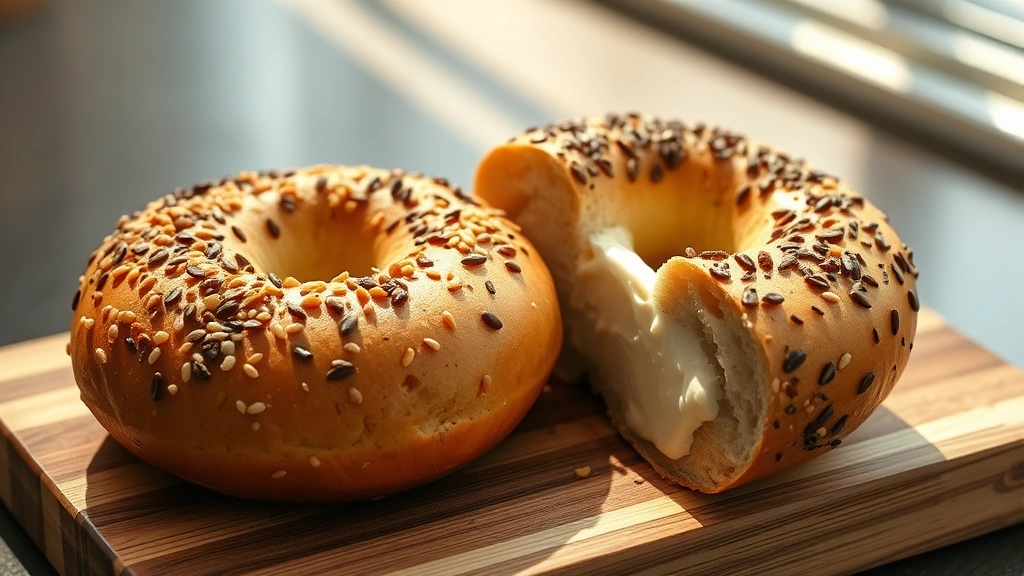 hero: golden brown keto bagels with sesame seeds and everything bagel seasoning, sliced in half showing the soft interior, cream cheese spread on one half, natural morning light streaming across wooden cutting board, photorealistic, no text