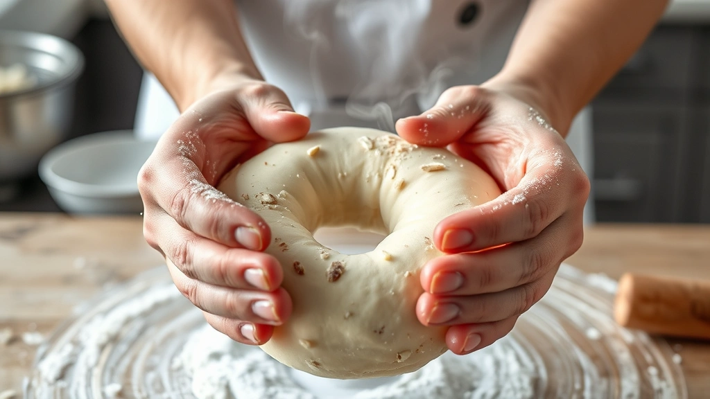 process: hands shaping mozzarella and almond flour dough into bagel form with hole in center, steam visible, kitchen counter background, photorealistic, natural daylight, no text