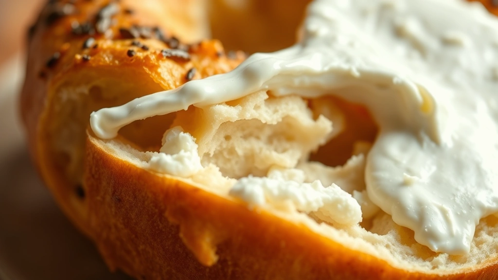 detail: close-up cross-section of sliced keto bagel showing texture contrast between crispy golden exterior and fluffy light interior, topped with cream cheese, photorealistic, warm natural light, no text