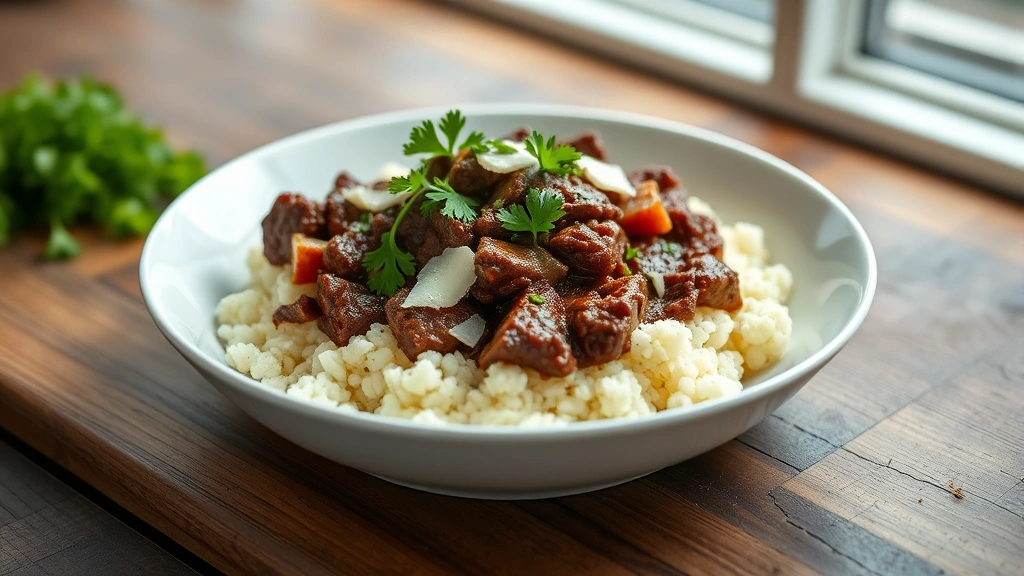 hero: beautifully plated keto beef mince dish with fresh parsley garnish and Parmesan cheese, served over cauliflower rice in a white ceramic bowl, photorealistic, natural daylight from window, shallow depth of field, no text, rustic wooden table background