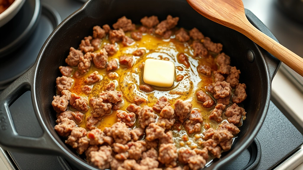 process: ground beef browning in cast iron skillet with golden crust forming, butter glistening, mid-cooking stage, photorealistic, natural kitchen lighting, no text, wooden spoon visible