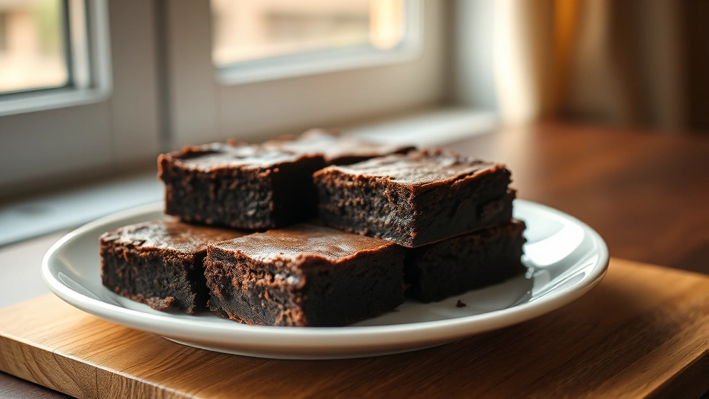 hero: plate of fudgy keto brownies cut into squares, rich dark chocolate color, warm natural window lighting, shallow depth of field