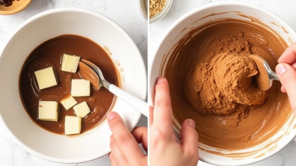 process: melted chocolate and butter being mixed in bowl, cocoa powder being folded in, hands stirring batter, bright kitchen lighting