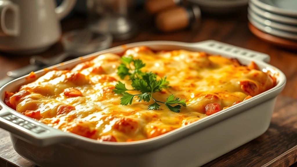 hero: golden-topped keto casserole in ceramic baking dish, bubbling cheese, fresh parsley garnish, warm kitchen lighting, steam rising, rustic wooden table background
