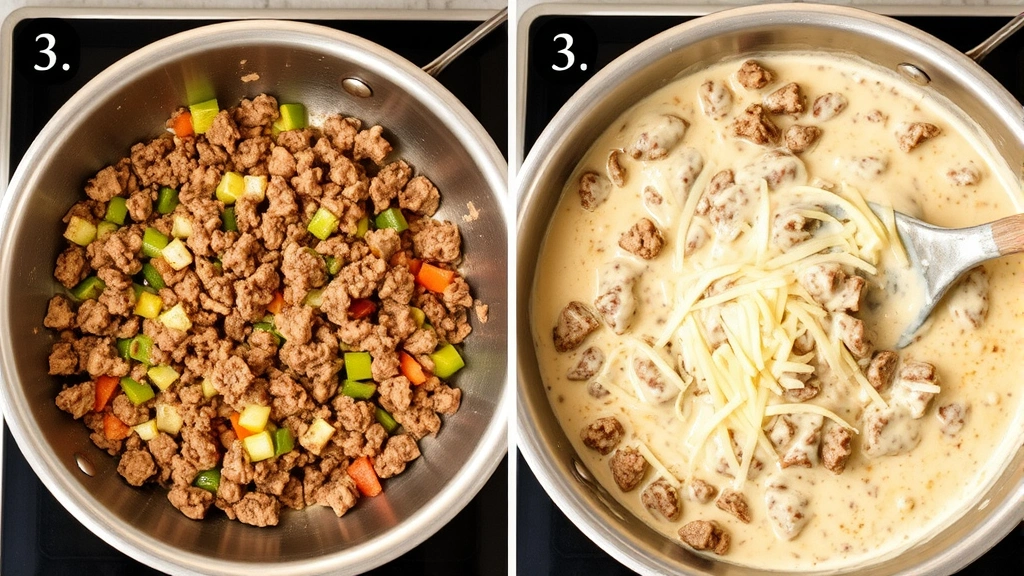 process: ground beef browning in stainless steel skillet with vegetables, creamy sauce being stirred in, melting cheese, action shot of cooking