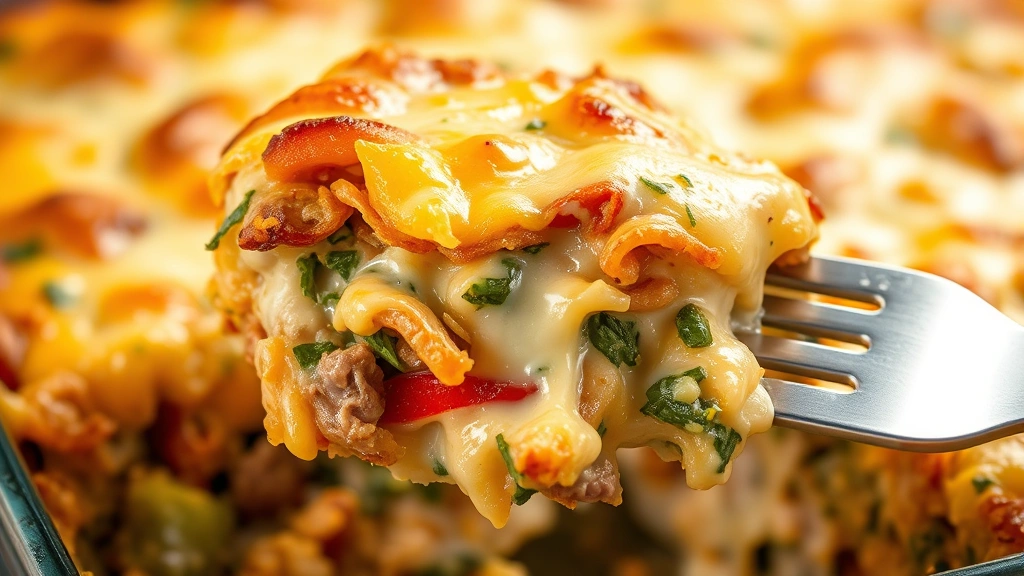 detail: close-up cross-section of baked casserole showing layers of meat, vegetables, creamy filling and melted cheese topping, fork lifting a portion