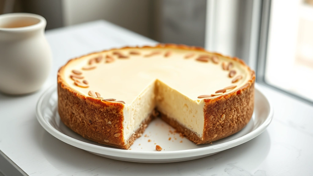 hero: whole keto cheesecake with almond flour crust on white ceramic plate, creamy pale filling, photorealistic, natural window light from left, no text, shallow depth of field