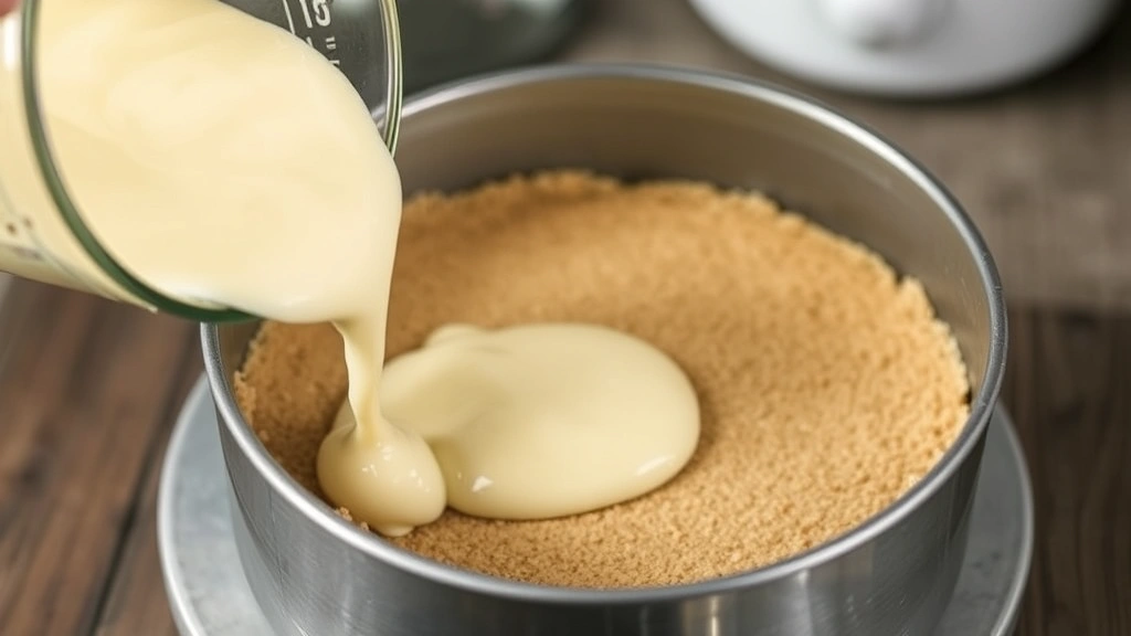 process: pouring smooth cheesecake filling into springform pan with almond flour crust visible, photorealistic, natural kitchen light, no text