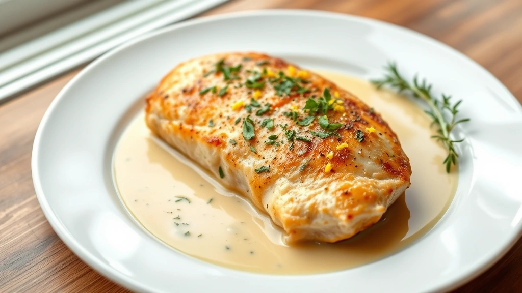 hero: golden-brown chicken breast topped with fresh herbs and lemon zest in creamy butter sauce on white plate, photorealistic, natural window light, no text