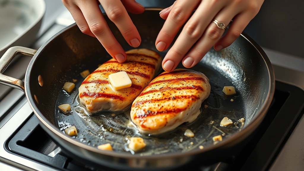 process: hands flipping seared chicken breast in skillet with sizzling butter and garlic, photorealistic, natural light, no text
