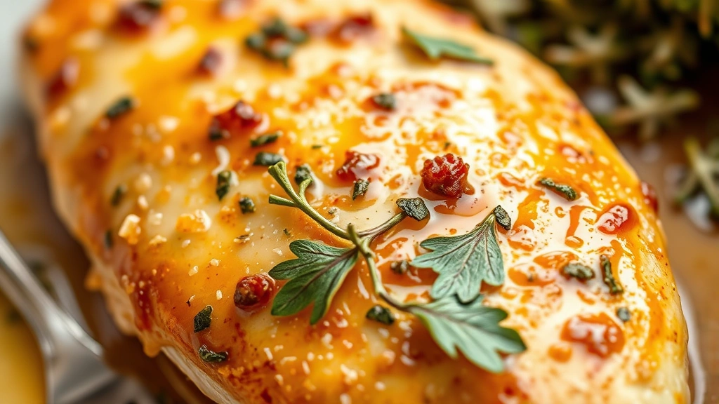 detail: close-up of chicken breast showing crispy golden exterior with fresh thyme leaves and sauce, photorealistic, natural light, no text