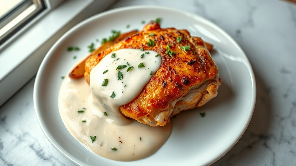 hero: plated keto chicken thigh with golden crispy skin, silky cream sauce, fresh herbs garnish, served on white plate with roasted vegetables, photorealistic, natural window light, no text, top-down angle
