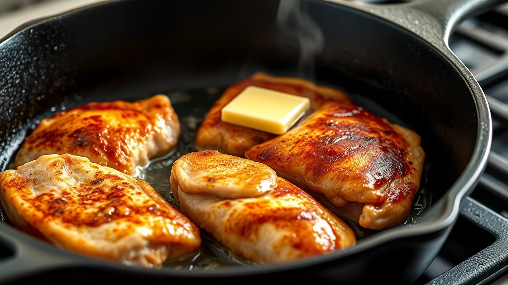 process: chicken thighs searing in cast iron skillet with golden crispy skin, butter foaming, photorealistic, natural light, close-up side angle, no text