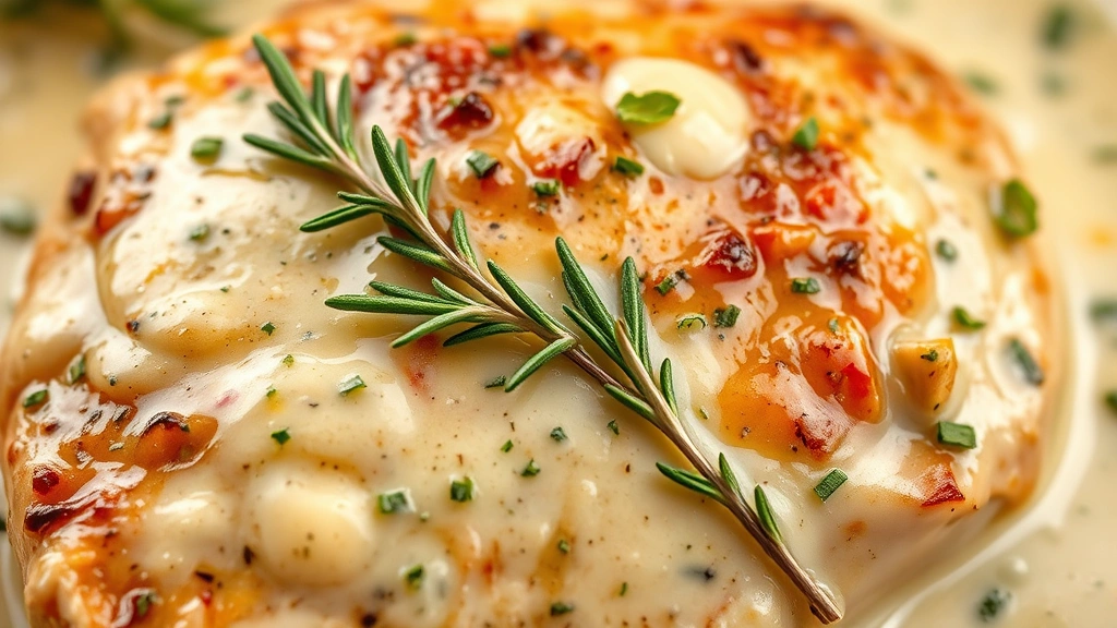 detail: close-up of creamy garlic herb sauce coating chicken thigh, fresh thyme and rosemary garnish, glistening with butter, photorealistic, macro photography, natural light, no text