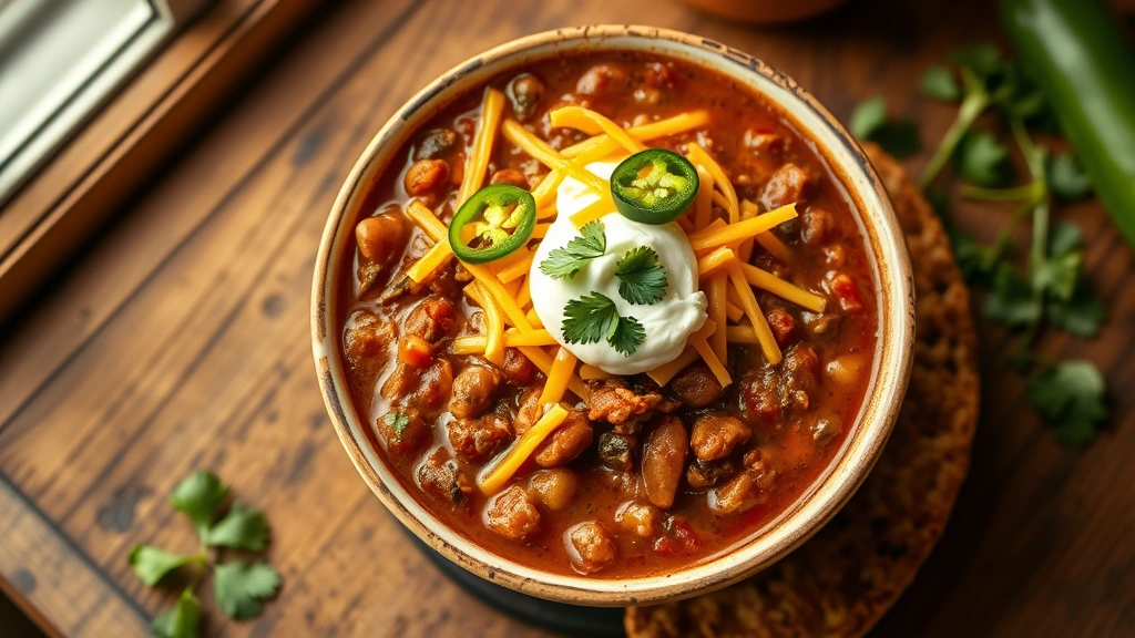 hero: steaming bowl of keto chili with melted cheddar cheese and sour cream on top, garnished with fresh cilantro and jalapeños, rustic wooden table background, warm natural window lighting, overhead perspective, no text