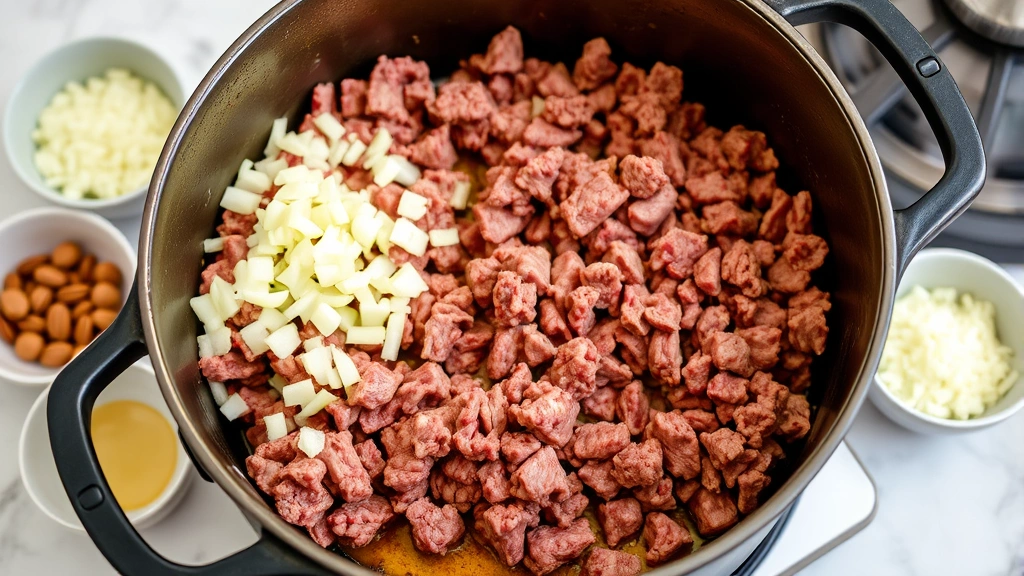 process: browning ground beef in Dutch oven with visible fond on bottom, diced onions and garlic ready nearby, spices in small bowls, natural kitchen lighting, side angle view, no text
