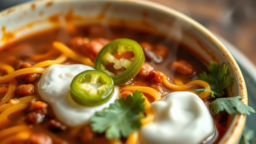 detail: close-up macro shot of individual chili bowl with toppings—melted cheese, dollop of sour cream, jalapeño slice, cilantro leaves—steam rising, shallow depth of field, warm golden lighting, no text