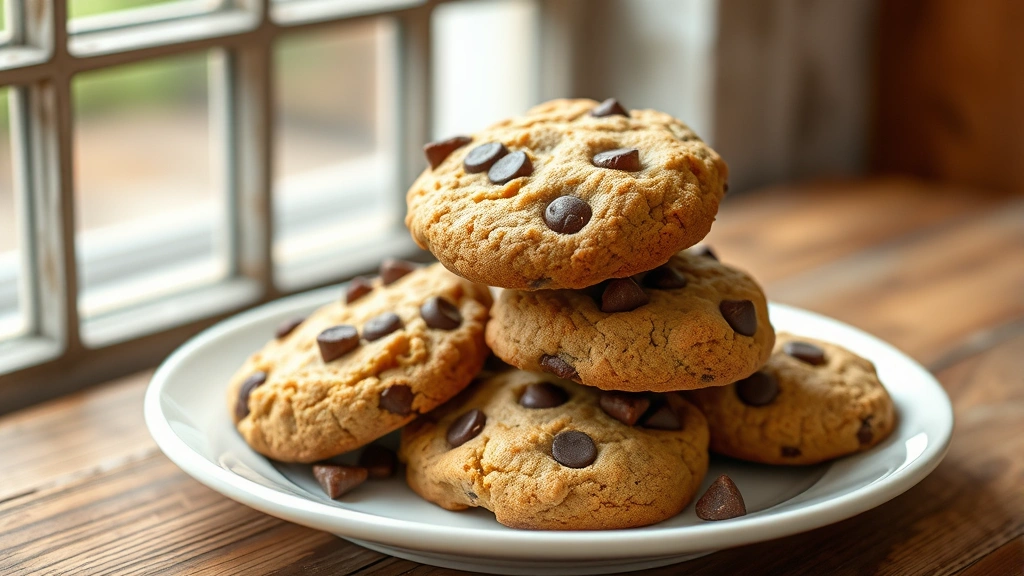 hero: Golden-brown keto cookies with chocolate chips and nuts, stacked on a white ceramic plate, soft natural window light, rustic wooden table background, no text visible