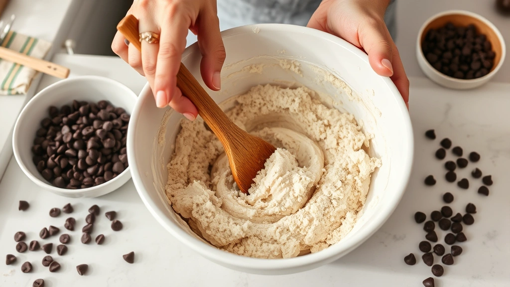 process: Hands mixing almond flour dough with a wooden spoon in a white ceramic bowl, scattered chocolate chips nearby, bright kitchen counter with natural light, no text