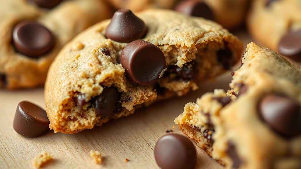 detail: Close-up of a single broken keto cookie showing the tender crumb structure and melted chocolate chips, shallow depth of field, warm natural light, no text
